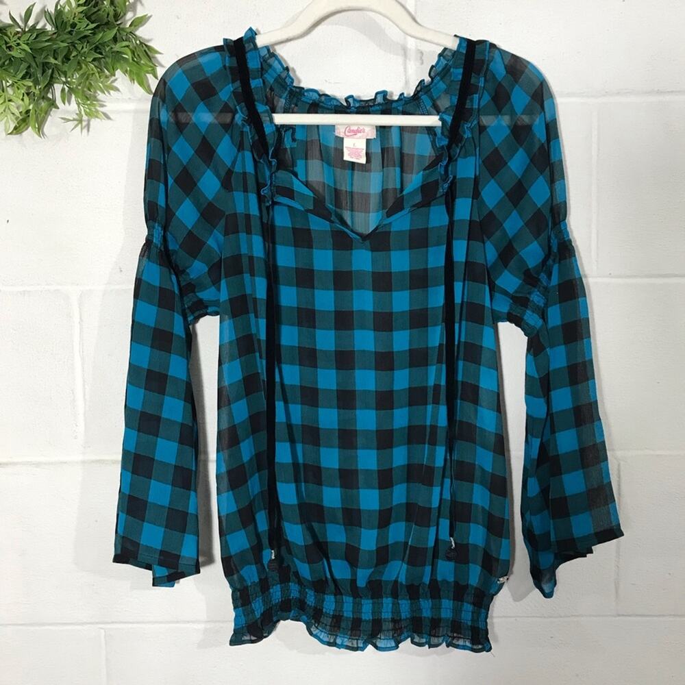 Y2K Black Teal Check Gingham Fluted Bell Sleeves Sheer Top Women’s Size Large